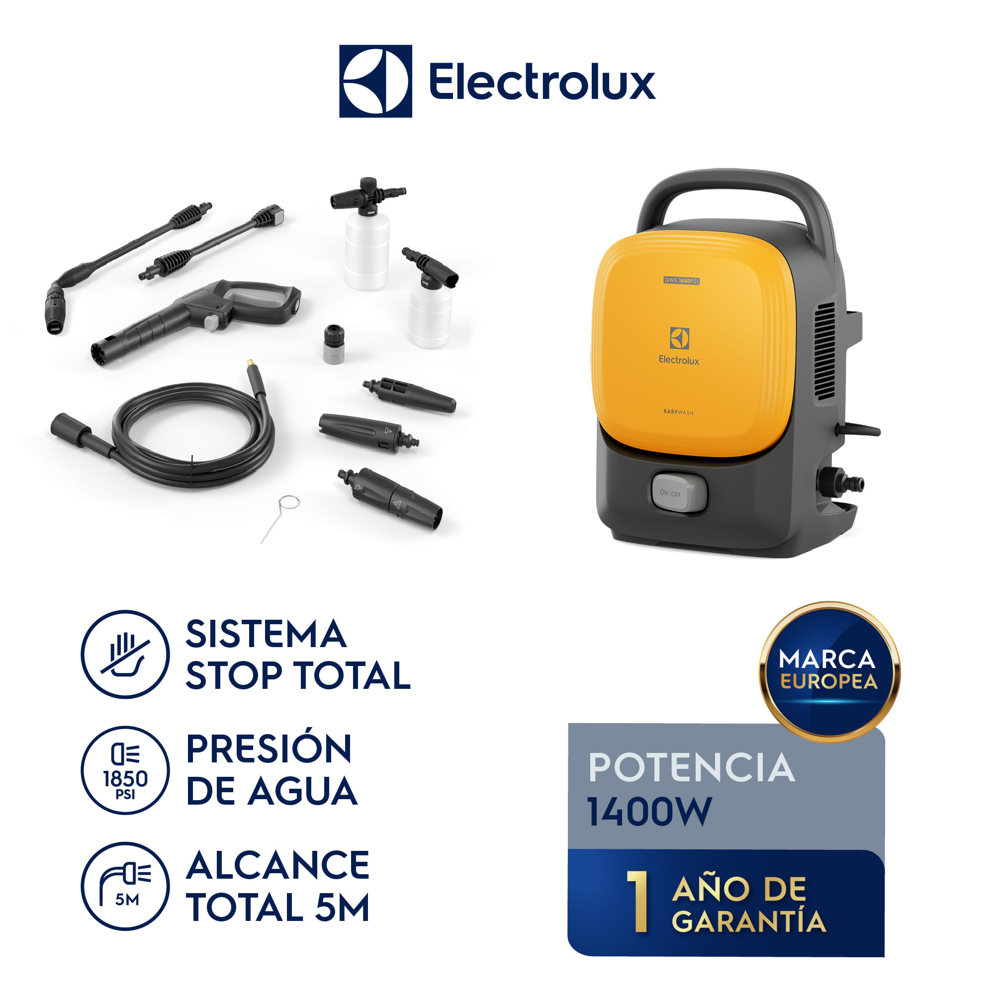 Imagen 2 del producto Hidrolavadora Electrolux Efficient EasyWash QWS1650 1400 W, 280 l/h, 220V, amarillo