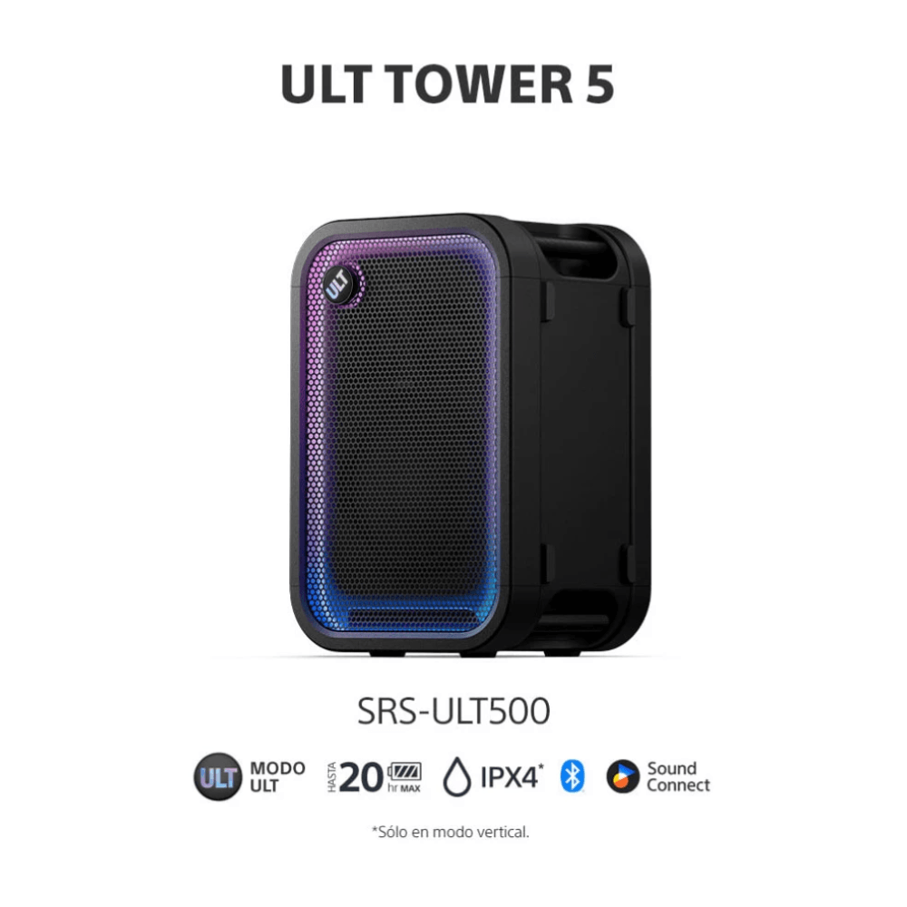 Imagen 2 del producto Parlante de torre Bluetooth Sony ULT TOWER 5 SRS-ULT500, 300 W, Bluetooth 5.3, hasta 20 horas, IPX4, iluminación, negro