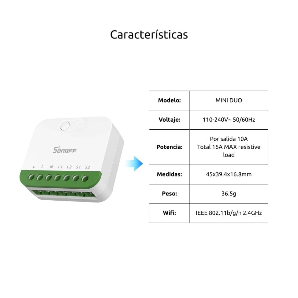 Imagen 2 del producto Interruptor inteligente Wi-Fi Mini DUO Sonoff, control por app, voz y escenas automatizadas, 2 canales, blanco
