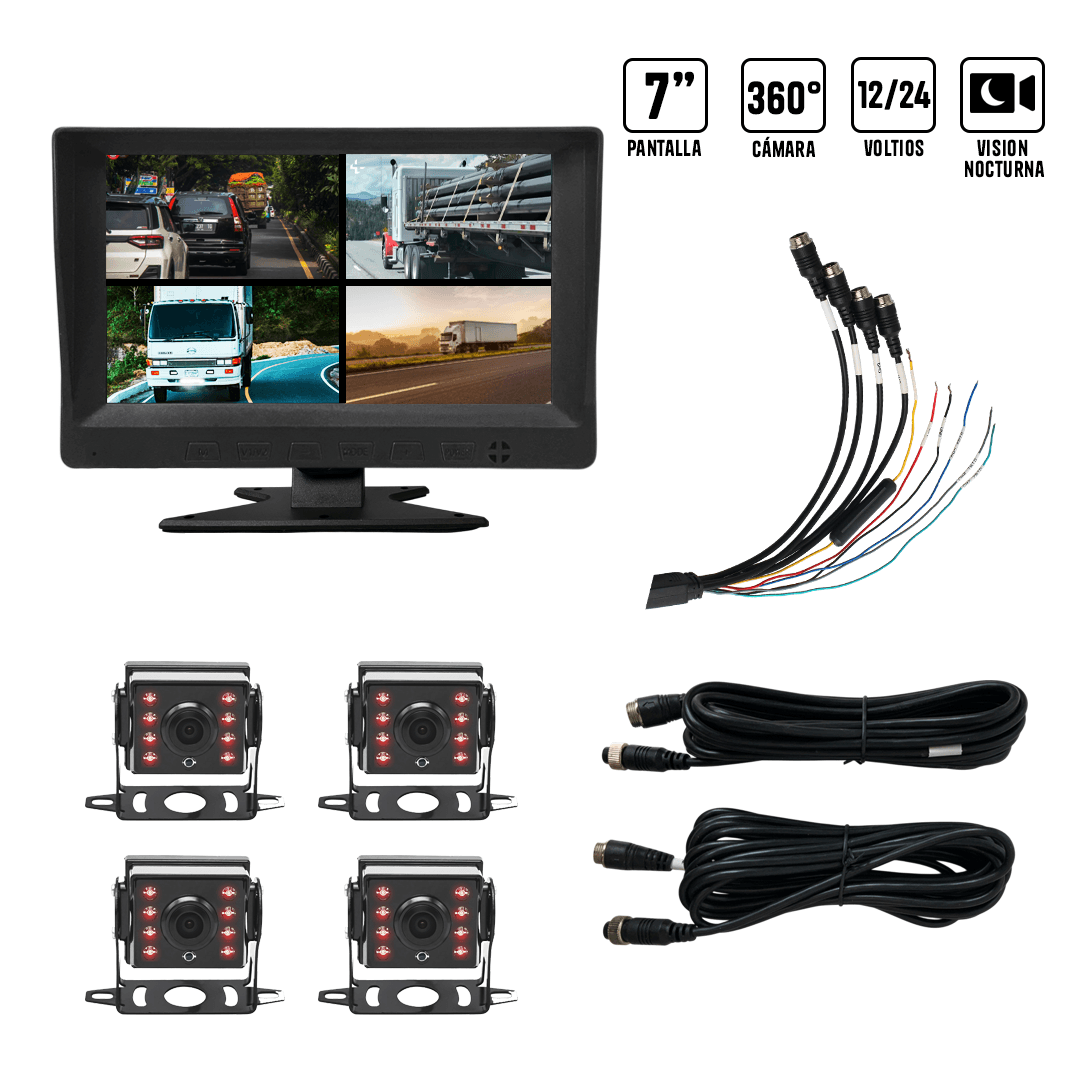 Imagen 2 del producto Kit de 4 cámaras de retroceso Kube KIT-4MON+CAM, pantalla de 7 pulgadas, visión nocturna IR, 12/24 V, IP68