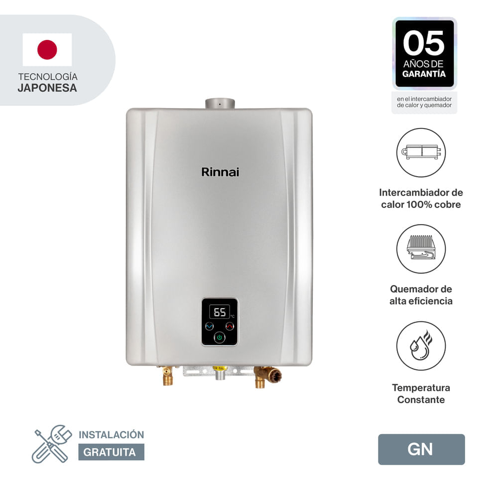 Imagen 2 del producto Calentador a gas natural Rinnai, 17 litros por minuto, hasta 3 servicios, display digital, plateado