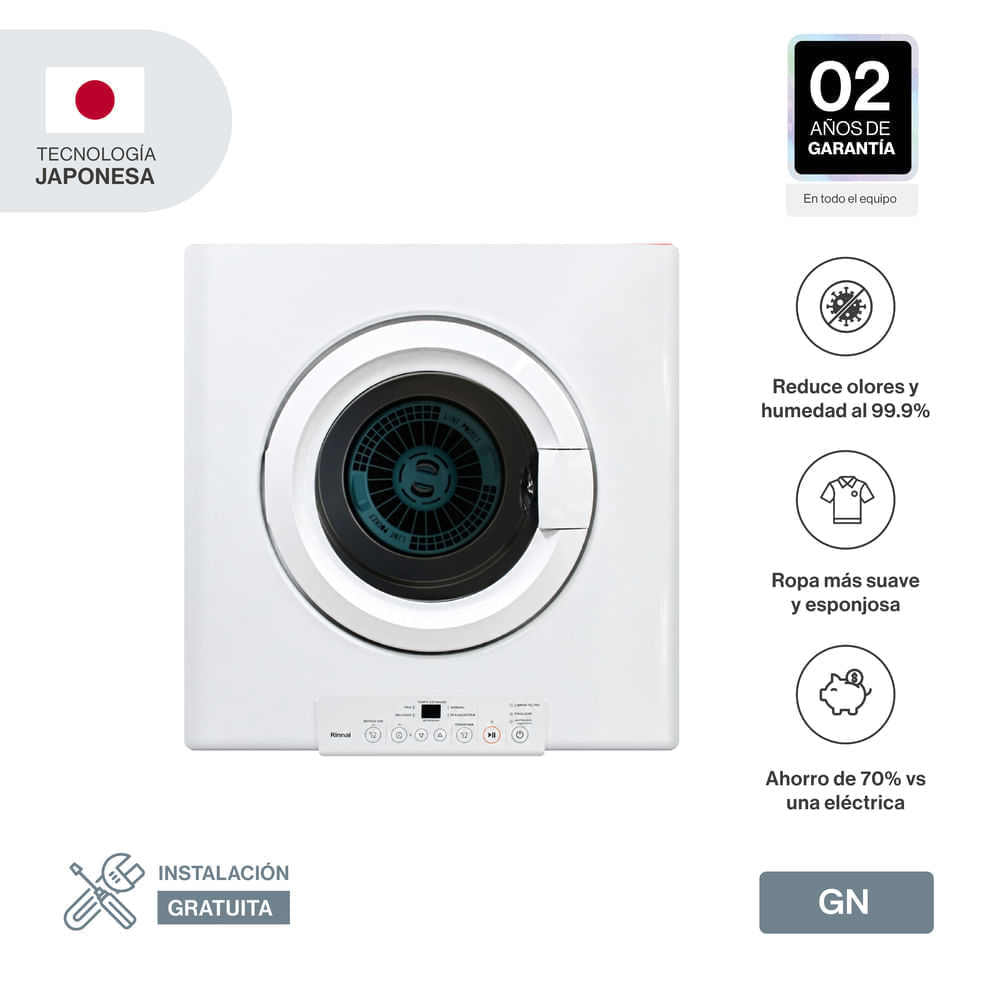 Imagen 2 del producto Secadora de ropa Rinnai, 10 kg, a gas natural, 6 programas, panel digital, puerta reversible, blanco