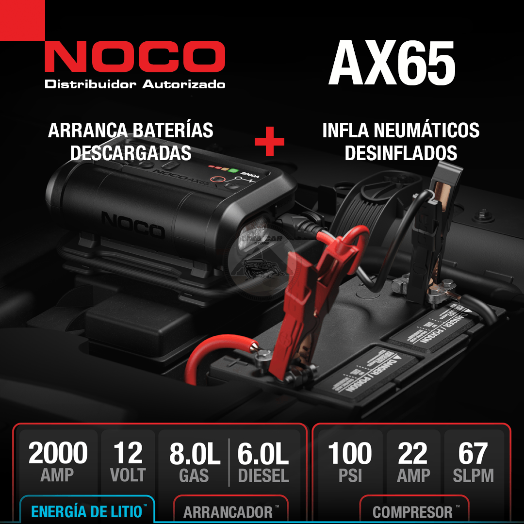 Imagen 2 del producto Compresor de aire y arrancador portátil Noco AX65, 100 PSI, 2000 A, 12 V, flujo de 67 L/min, USB-C y linterna LED