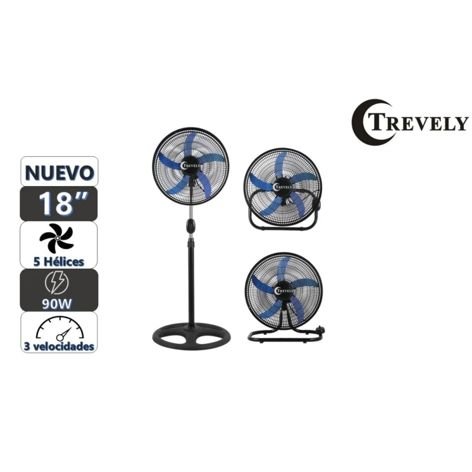 Imagen 2 del producto Ventilador Trevely VT-1832 3 en 1, pedestal, mesa y pared, 18 pulgadas, 90 W, 3 velocidades, aspas multicolor