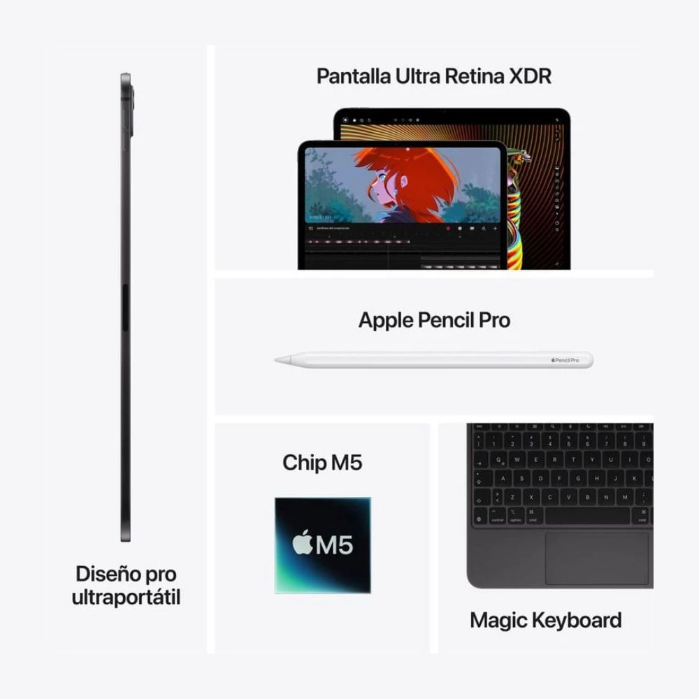 Imagen 2 del producto iPad Pro 13"" 8.ª Gen Apple, 512 GB, 12 GB RAM, cámara principal y frontal 12 MP, batería 10290 mAh, chip M5, space black + Pencil Pro + mica
