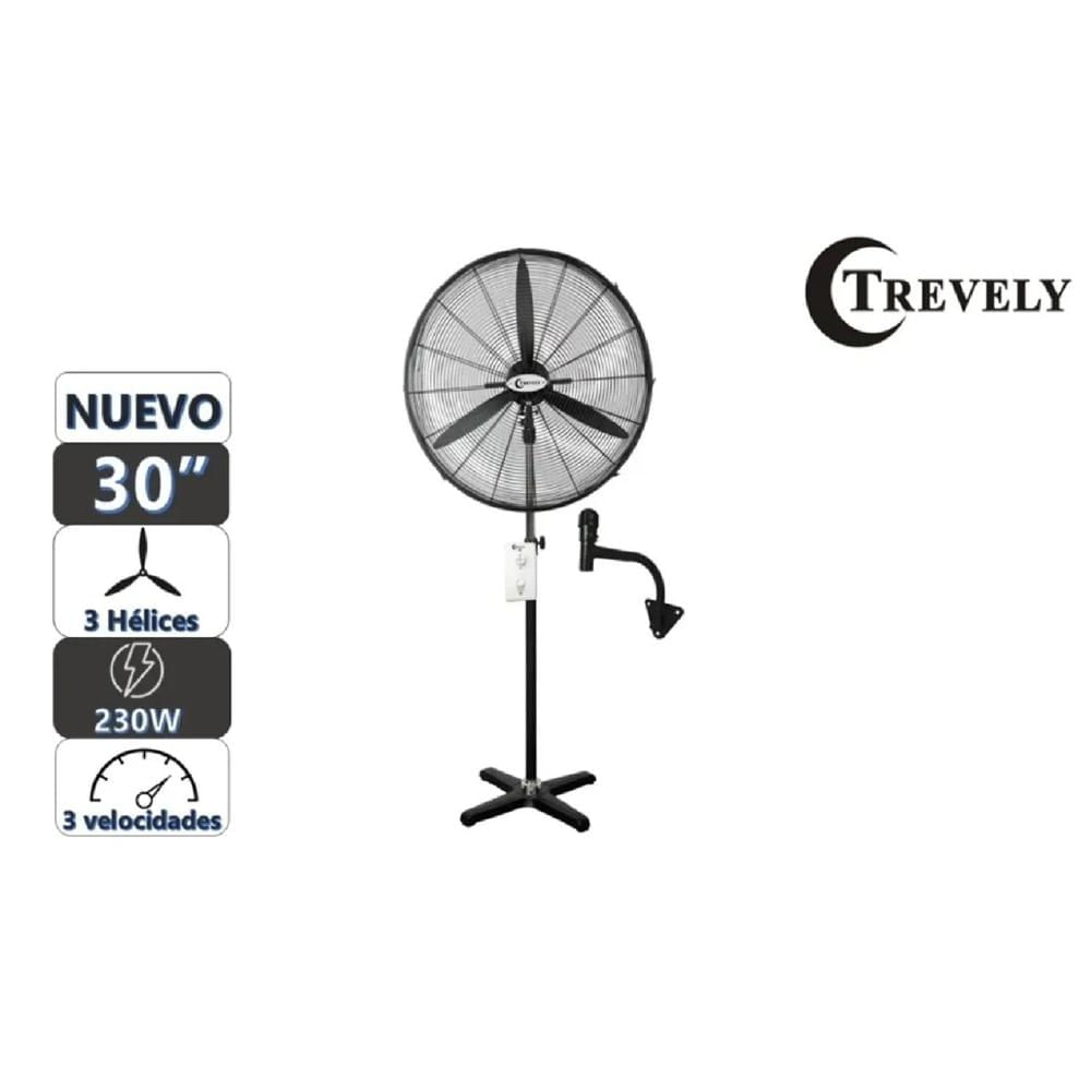 Imagen 2 del producto Ventilador industrial Trevely VT-30A de 30 pulgadas, 230 W, 2 en 1 para piso o pared, 3 velocidades, control remoto, negro