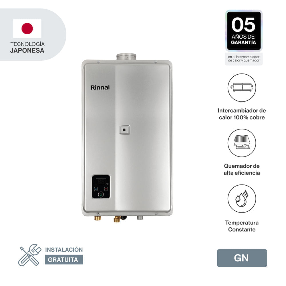 Imagen 2 del producto Calentador a gas natural Rinnai, 23 litros, hasta 5 puntos simultáneos, temperatura constante, plateado
