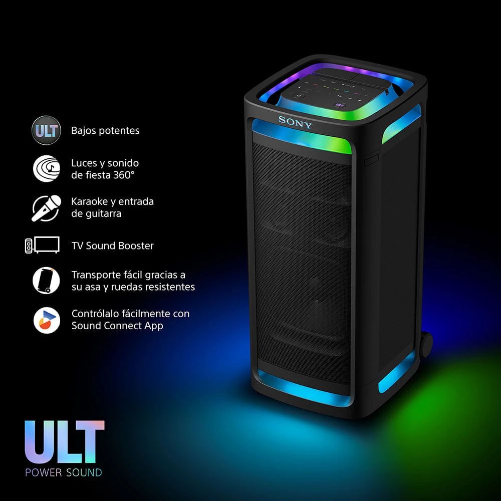 Imagen 2 del producto Parlante de torre Bluetooth Sony Ult Tower 9AC, Bluetooth 5.3, karaoke, iluminación 360°, negro