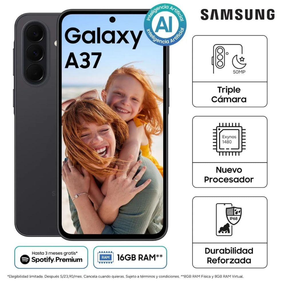 Imagen 2 del producto Samsung Galaxy A37 5G, 256 GB, 8 GB RAM, cámara principal de 50 MP y frontal de 12 MP, gris