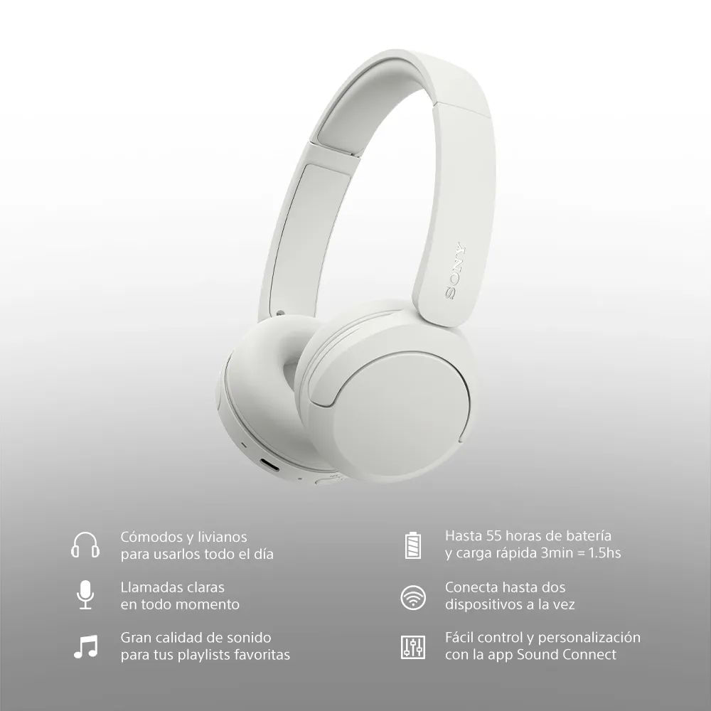 Imagen 2 del producto Audífonos Sony WH-CH530 on ear Bluetooth 6.0, hasta 55 horas de reproducción, blanco