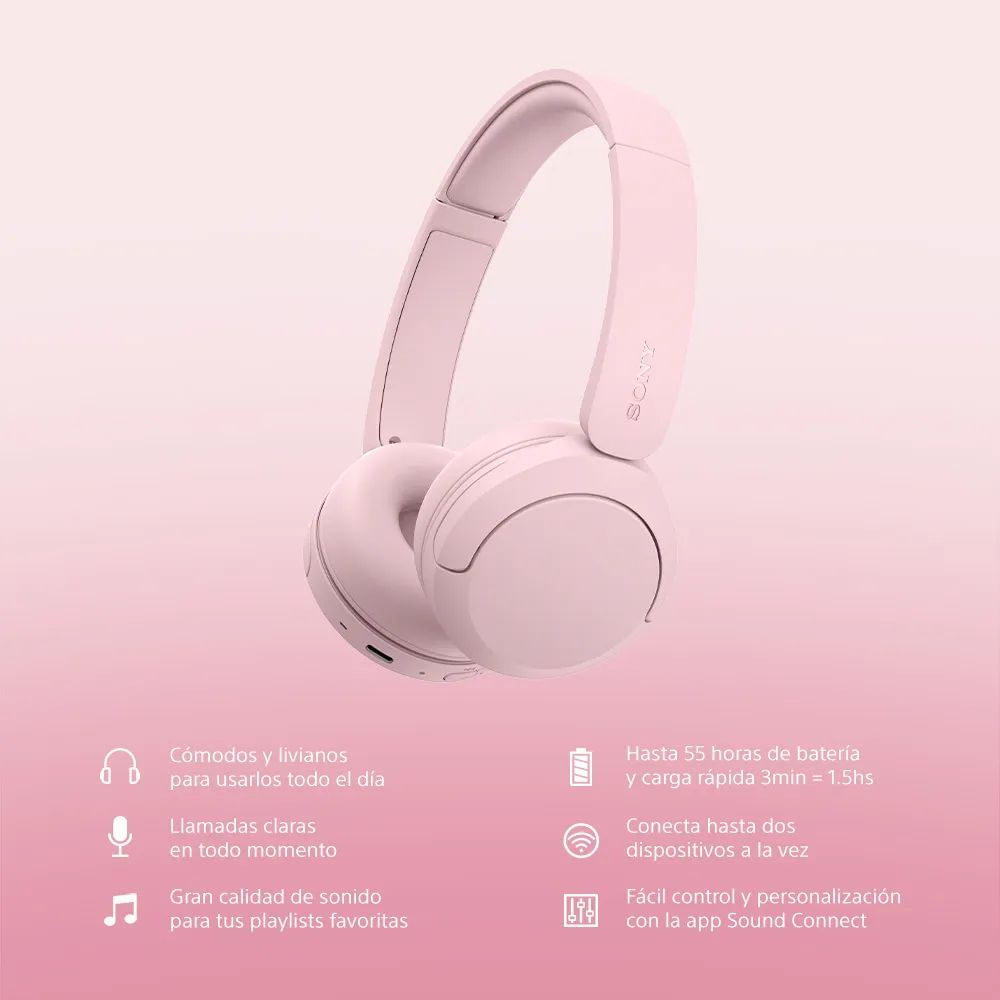 Imagen 2 del producto Audífonos Sony WH-CH530 on ear Bluetooth 6.0, hasta 55 horas de reproducción, rosa