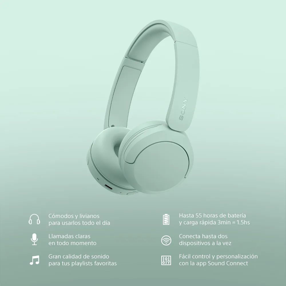 Imagen 2 del producto Audífonos Sony WH-CH530 on ear Bluetooth 6.0, hasta 55 horas de reproducción, verde menta