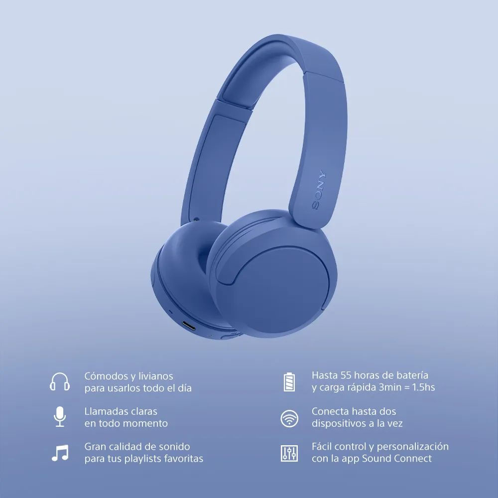 Imagen 2 del producto Audífonos Sony WH-CH530 on ear Bluetooth 6.0, hasta 55 horas de reproducción, azul