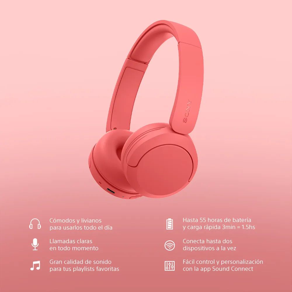 Imagen 2 del producto Audífonos Sony WH-CH530 on ear Bluetooth 6.0, hasta 55 horas de reproducción, rojo