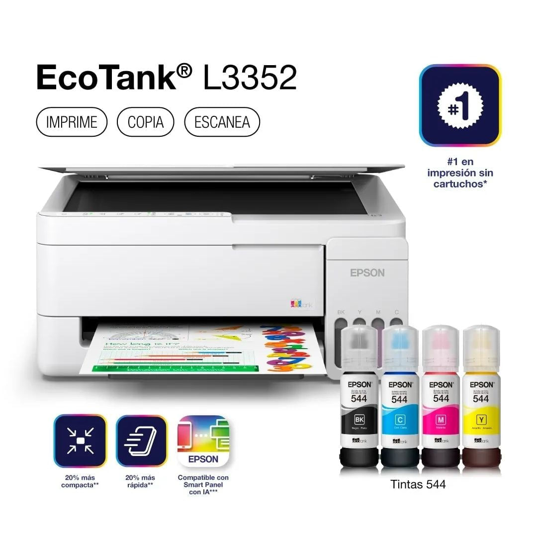 Imagen 2 del producto Impresora multifuncional Epson EcoTank L3352, tanque de tinta, Wi-Fi, impresión a color, escáner y copiadora, blanco