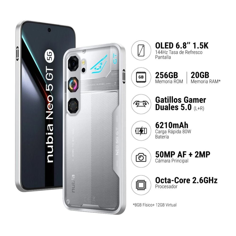 Imagen 2 del producto Celular ZTE Nubia Neo 5 GT 5G, 256 GB, 8 GB RAM + 12 GB RAM virtual, gaming, plateado