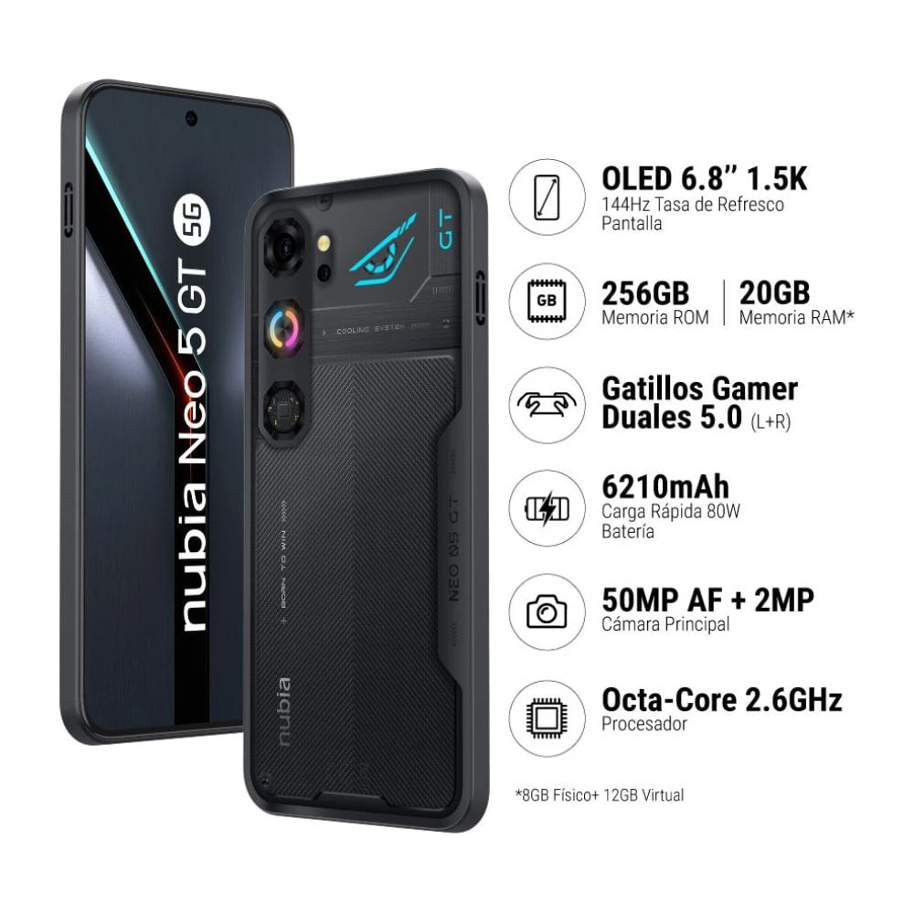 Imagen 2 del producto Celular ZTE Nubia Neo 5 GT 5G, 256 GB, 8 GB RAM + 12 GB RAM virtual, gaming, negro