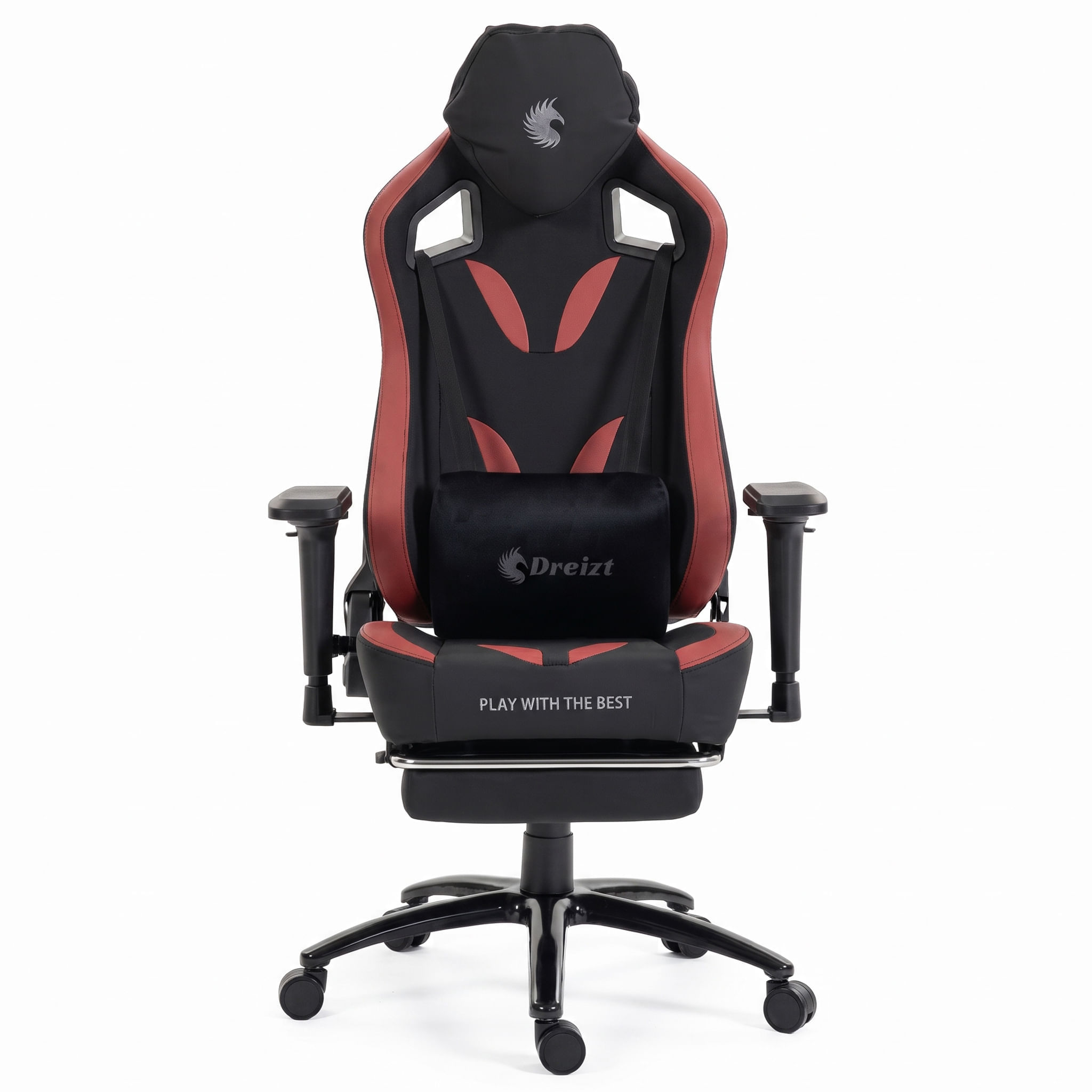 Imagen 2 del producto Silla gamer Dreizt Thunder Series, hasta 150 kg, con reposapiés y 2 almohadillas, estructura de acero, reclinable, rojo