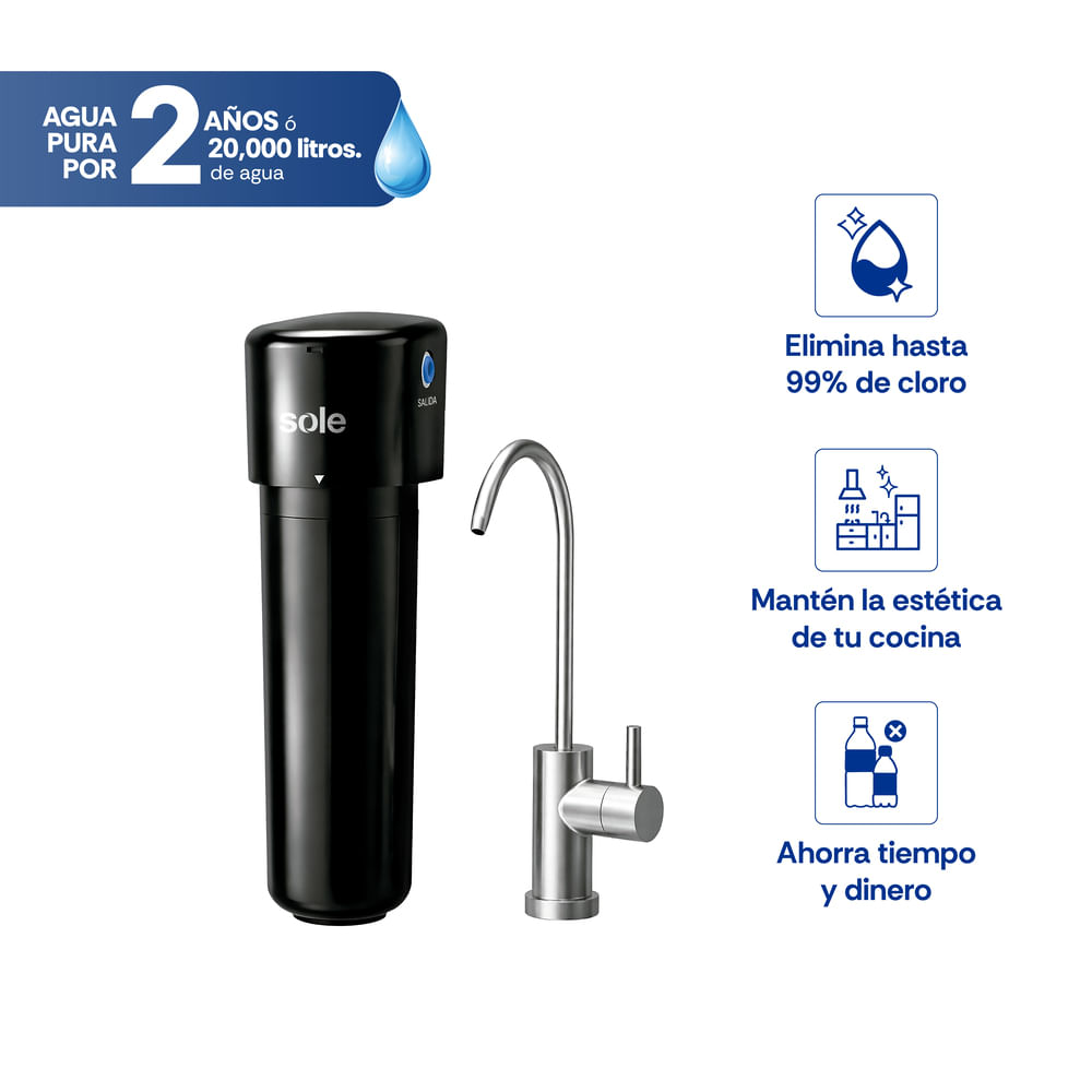Imagen 2 del producto Purificador de agua Sole Aqua+ bajo lavadero, filtración de 2 etapas, hasta 20,000 litros o 2 años, material ABS, negro