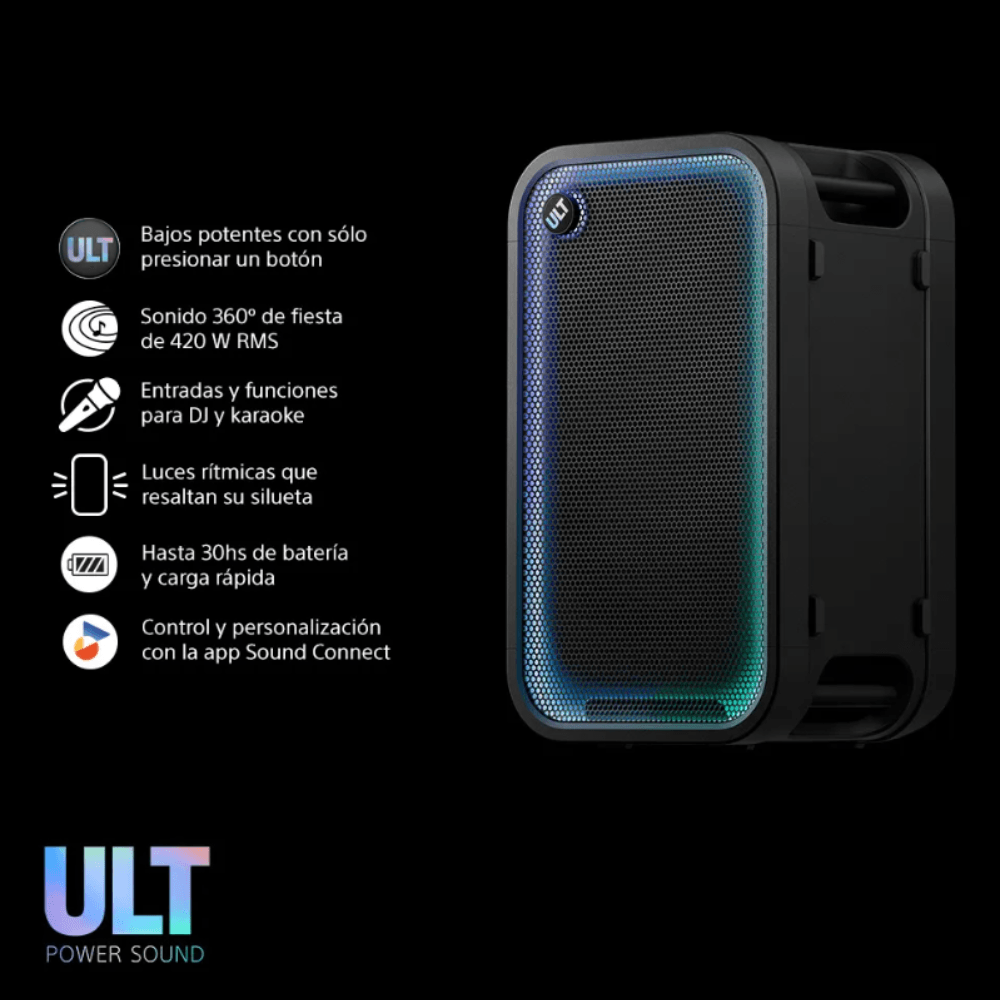 Imagen 2 del producto Parlante de torre Bluetooth Sony Ult Tower 7 SRS-ULT700, 420 W, Bluetooth 5.3, hasta 30 horas, IPX4, iluminación, negro