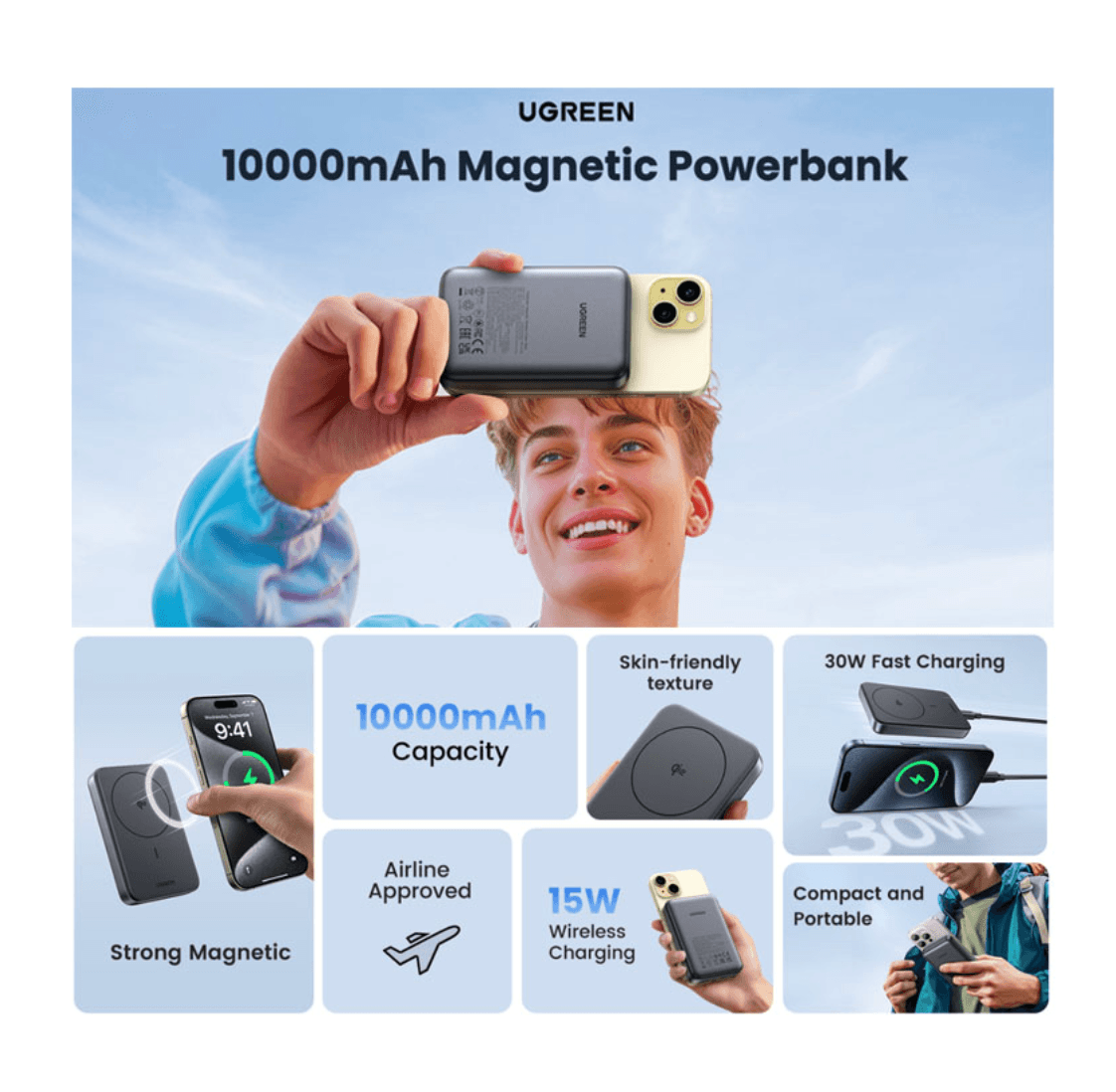 Imagen 2 del producto Batería externa magnética Ugreen PB761, 10000 mAh, carga inalámbrica Qi2 de 15W y USB-C de 30W, negro