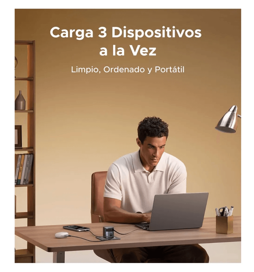 Imagen 2 del producto Cargador de pared Ugreen Nexode Pro X614, GaN, 45W, 2 USB-C y 1 USB-A, cable USB-C retráctil de 70 cm, gris