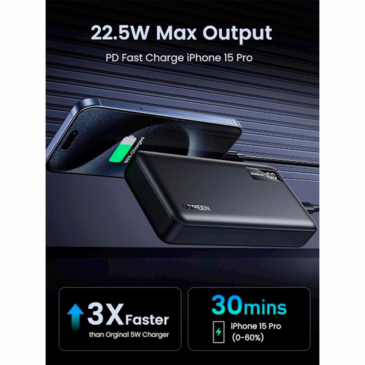 Imagen 2 del producto Batería externa Ugreen PB312 25683, 20000 mAh, carga rápida de 20 W, USB-C y 2 USB-A, pantalla digital, gris