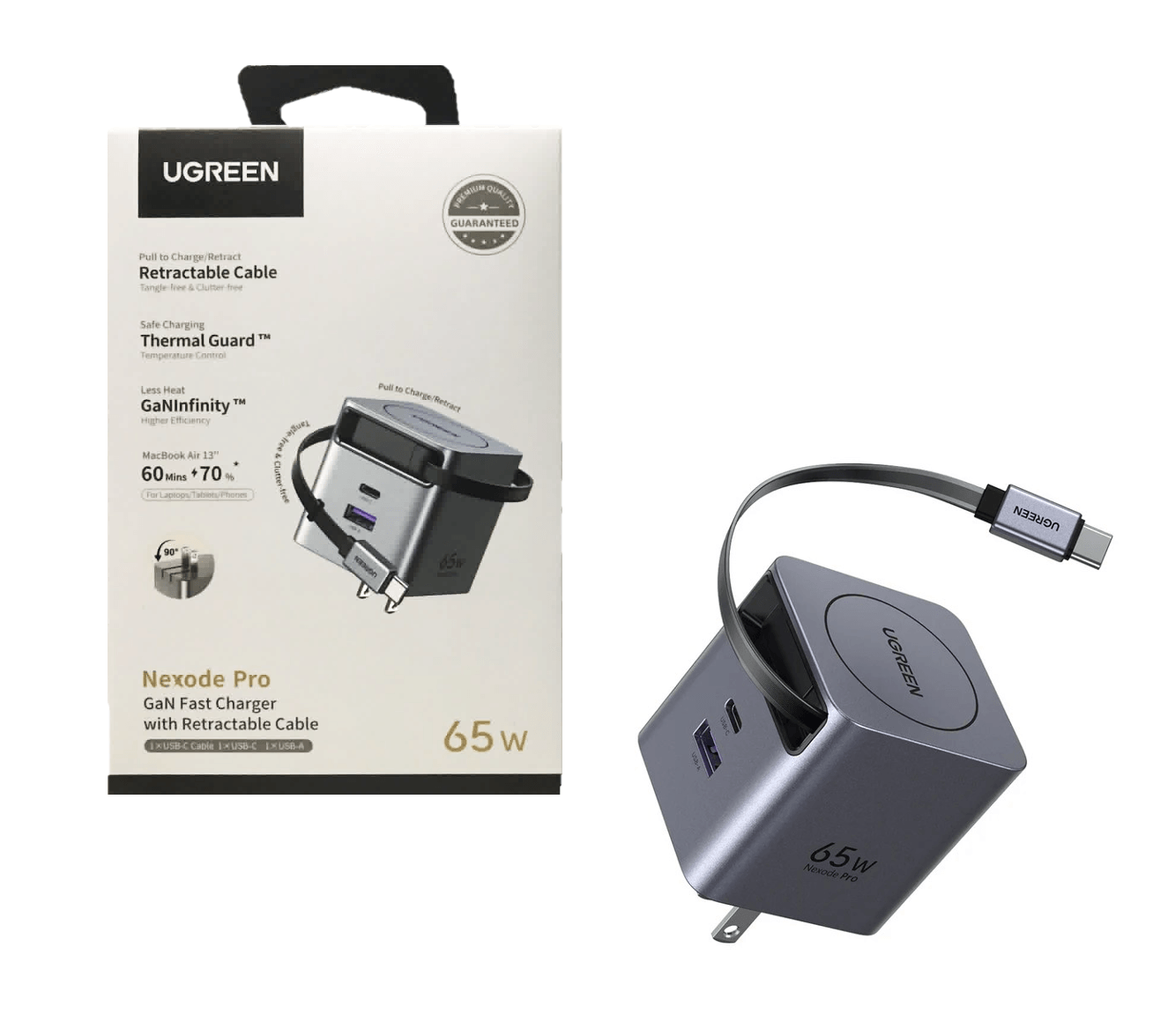 Imagen 2 del producto Cargador de pared Ugreen X615, GaN, 65 W, 2 USB-C y 1 USB-A, cable USB-C retráctil integrado, gris espacial