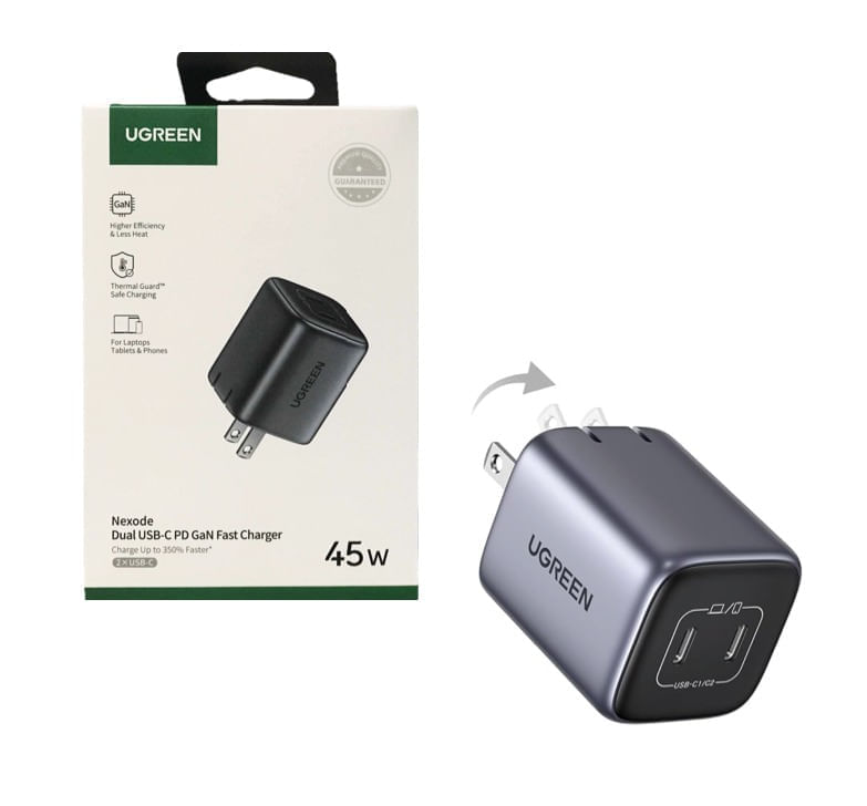 Imagen 2 del producto Cargador de pared Ugreen CD294, GaN, 45 W, 2 puertos USB Tipo-C, gris