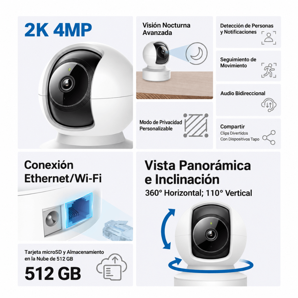 Imagen 2 del producto Cámara de seguridad TP-Link Tapo C222 Wi-Fi, 2K QHD, giro 360°, visión nocturna 15 m, blanco