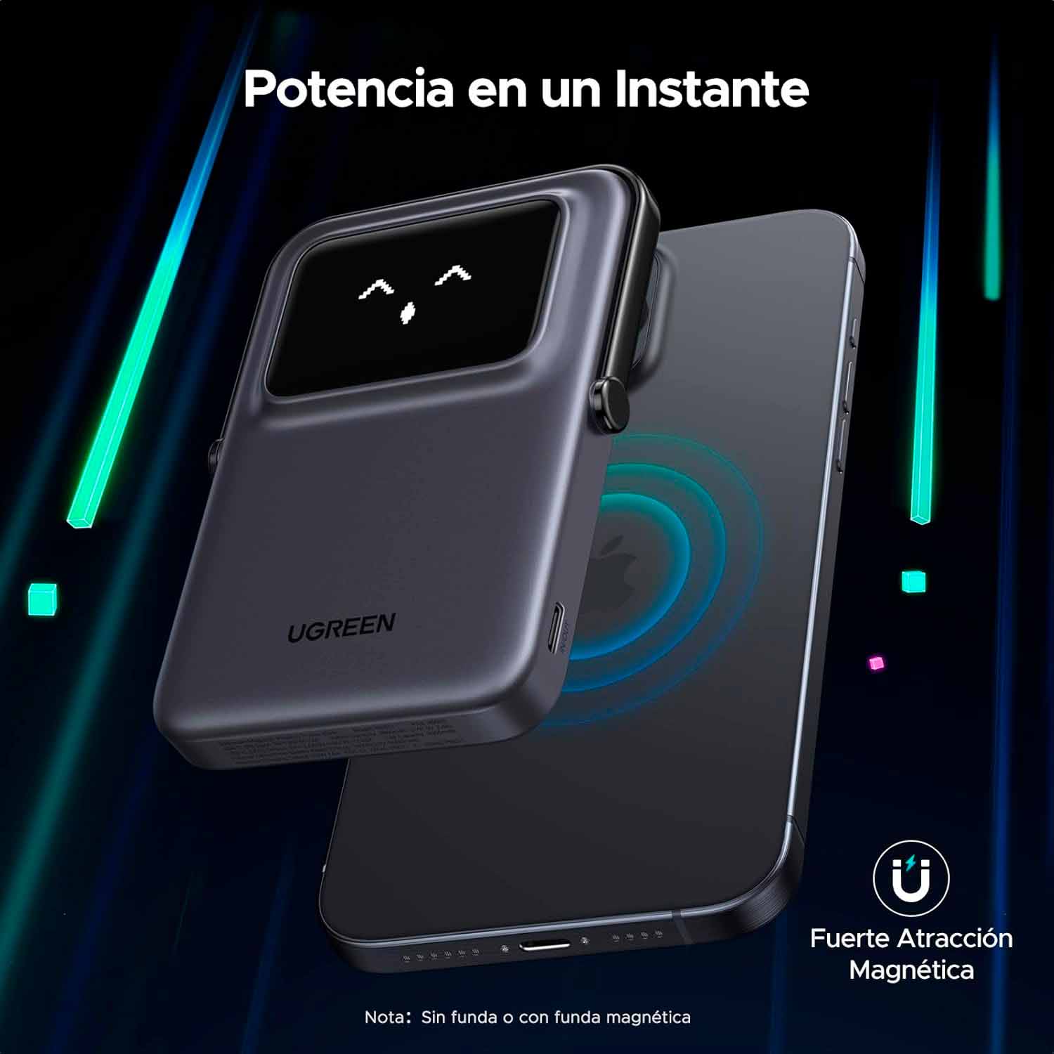 Imagen 2 del producto Batería externa Ugreen 5000 mAh, 20 W, USB Tipo-C, carga rápida e inalámbrica magnética, negro