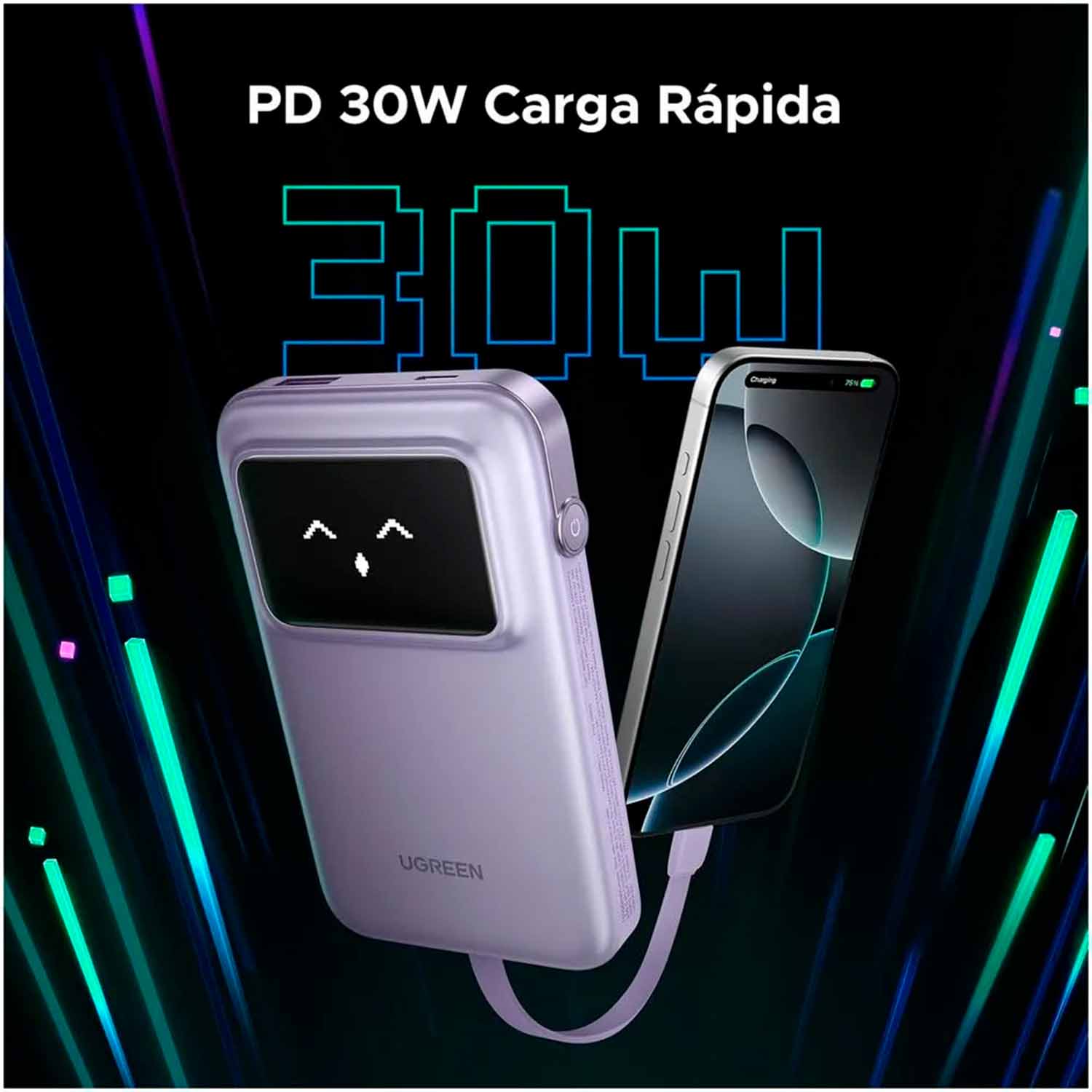 Imagen 2 del producto Batería externa Ugreen 10000 mAh, 30 W, USB-A y USB Tipo-C, carga rápida, cable USB Tipo-C integrado, púrpura