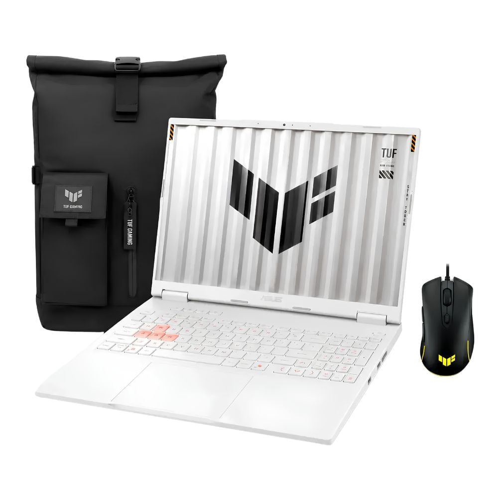 Imagen 2 del producto Laptop gamer Asus TUF A16 16"" WUXGA 165 Hz, Ryzen 7 260, 512 GB SSD, 16 GB RAM, RTX 5060 8 GB, Windows 11 Home, blanco + mochila y mouse