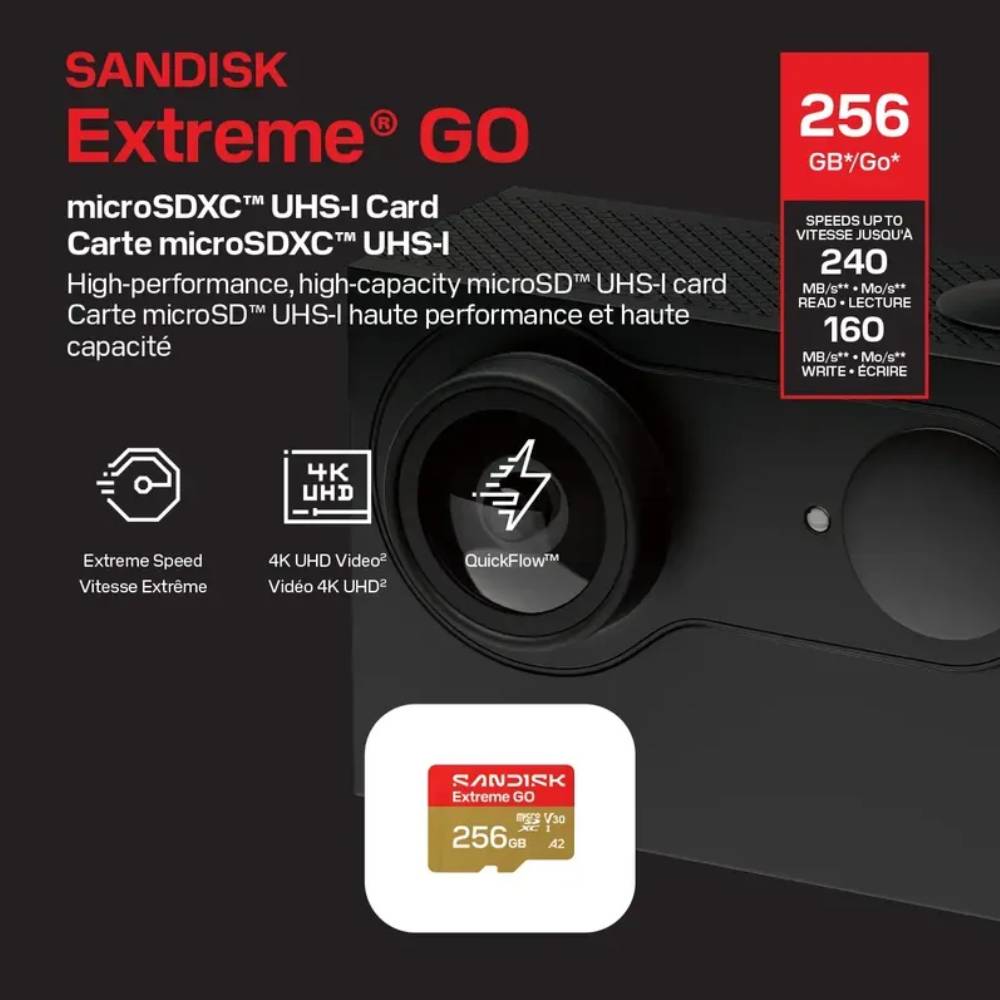 Imagen 2 del producto Memoria microSD SanDisk Extreme GO 256GB, Clase 10, velocidad de lectura 240 MB/s, escritura 160MB/s