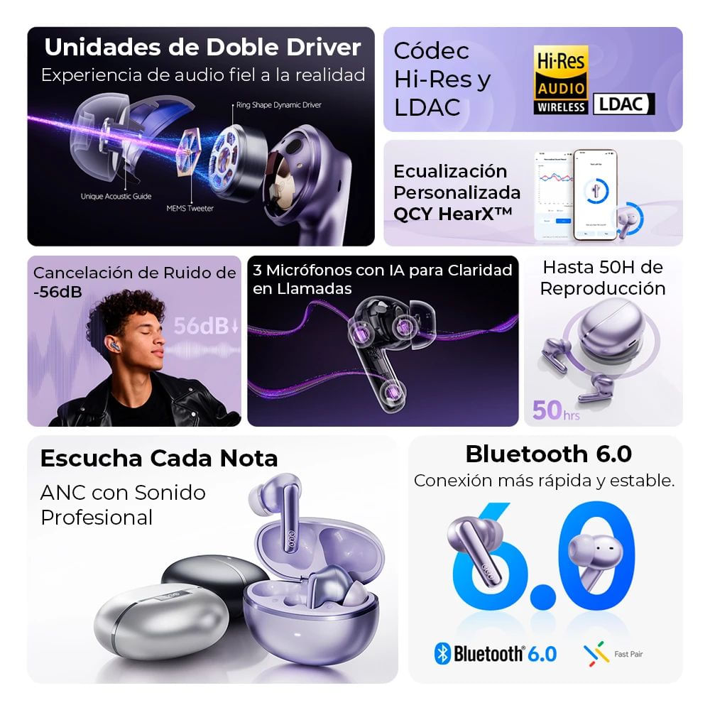 Imagen 2 del producto Audífonos QCY MeloBuds N70i in ear bluetooth 6.0, ANC de 56 dB, IPX5, hasta 50 horas, morado