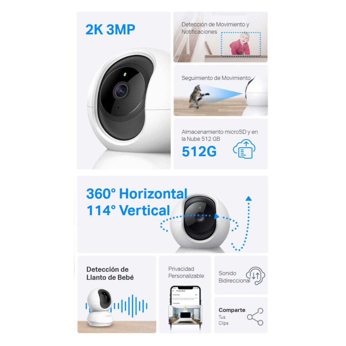 Imagen 2 del producto Cámara de seguridad TP-Link Tapo TC71, 2K, 3 MP, Wi-Fi, interior, cobertura 360°, blanco + microSD 128GB