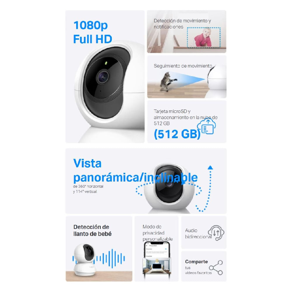 Imagen 2 del producto Cámara de seguridad TP-Link Tapo TC70, Full HD 1080p, Wi-Fi, interior, cobertura 360°, audio bidireccional, blanco