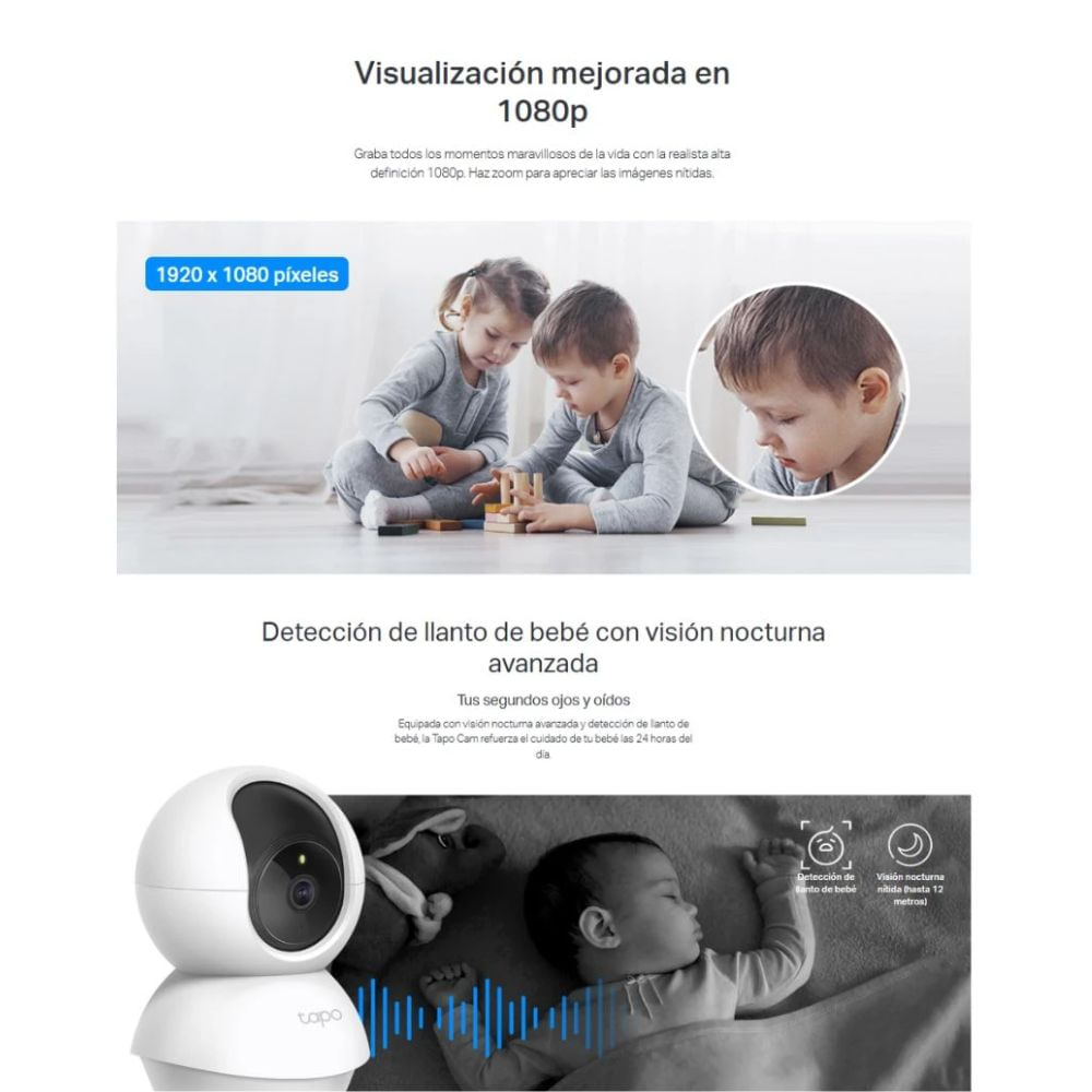 Imagen 2 del producto Cámara de seguridad TP-Link Tapo TC70, Wi-Fi, Full HD 1080p, 360°, microSD de 64GB, blanco